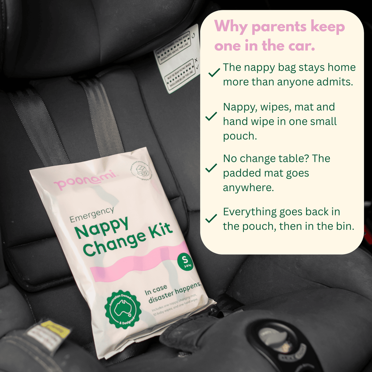 Poonami kit on a car seat
